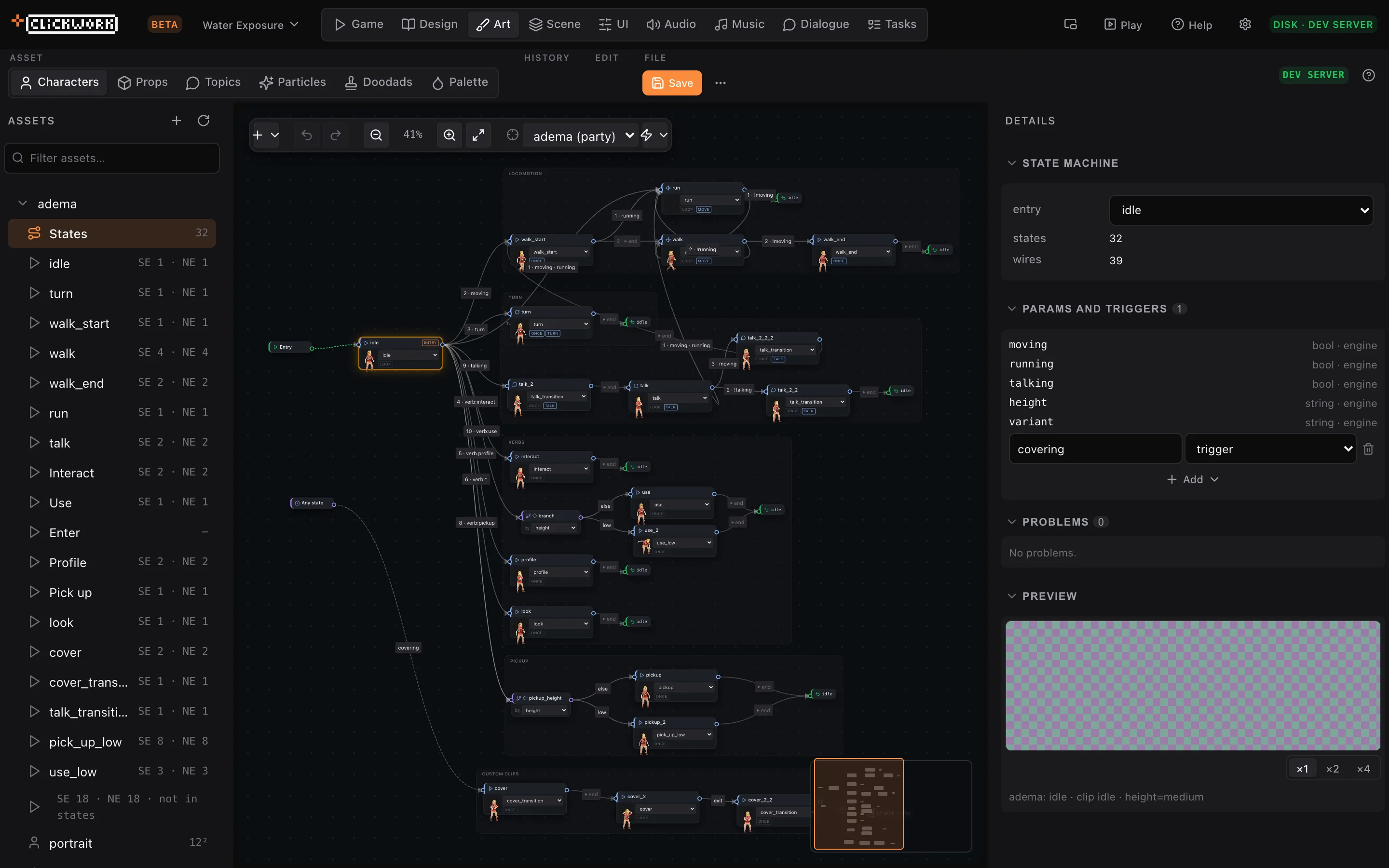 A character's animation state machine: 32 states wired together, each state showing the frame it plays.