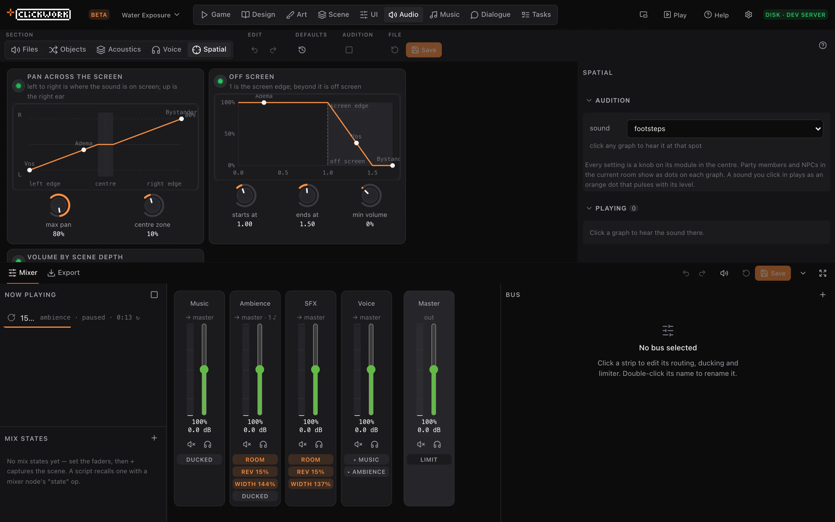 Spatial audio curves for screen pan, off-screen falloff and depth.