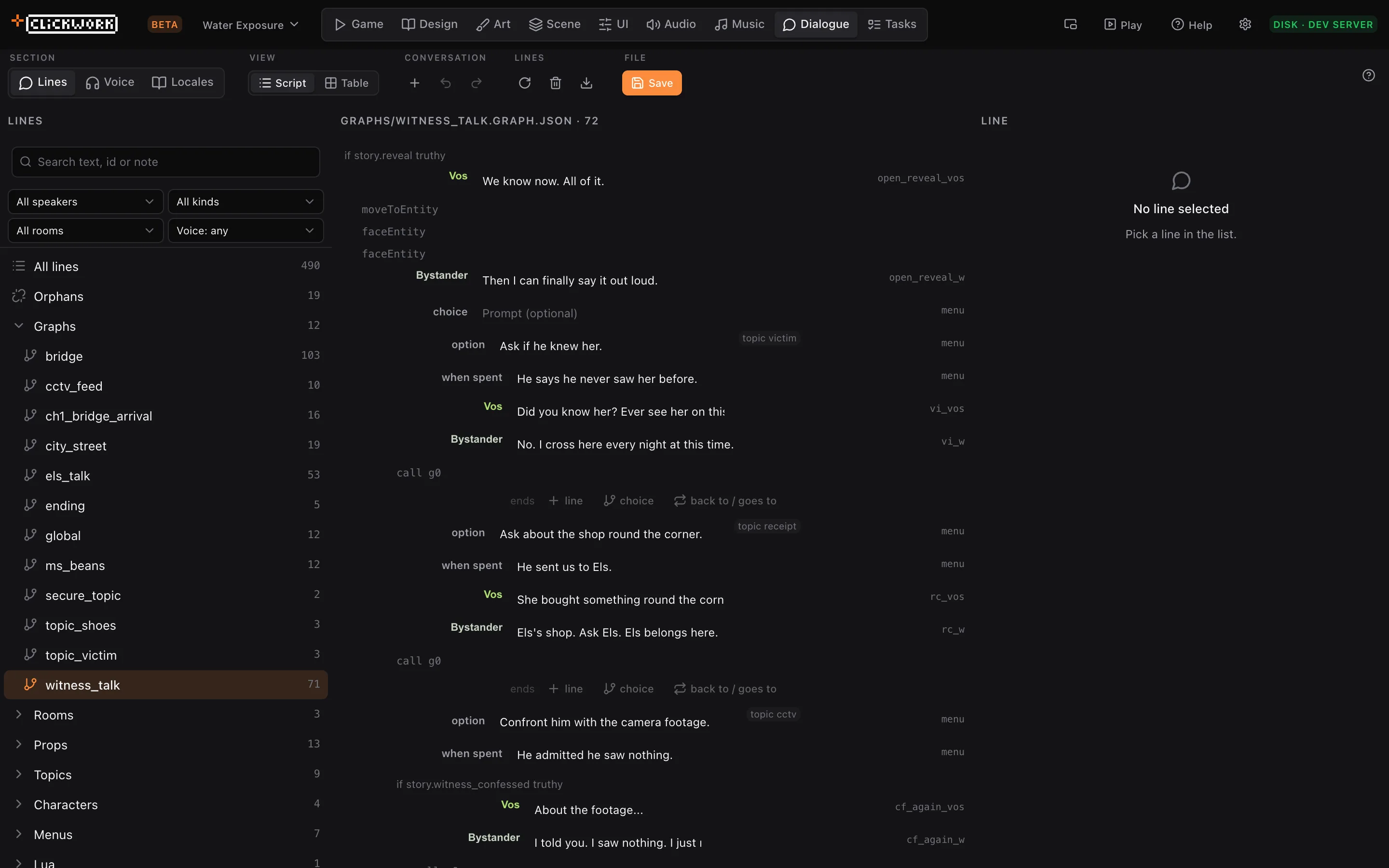 The lines database listing every spoken line with its speaker.