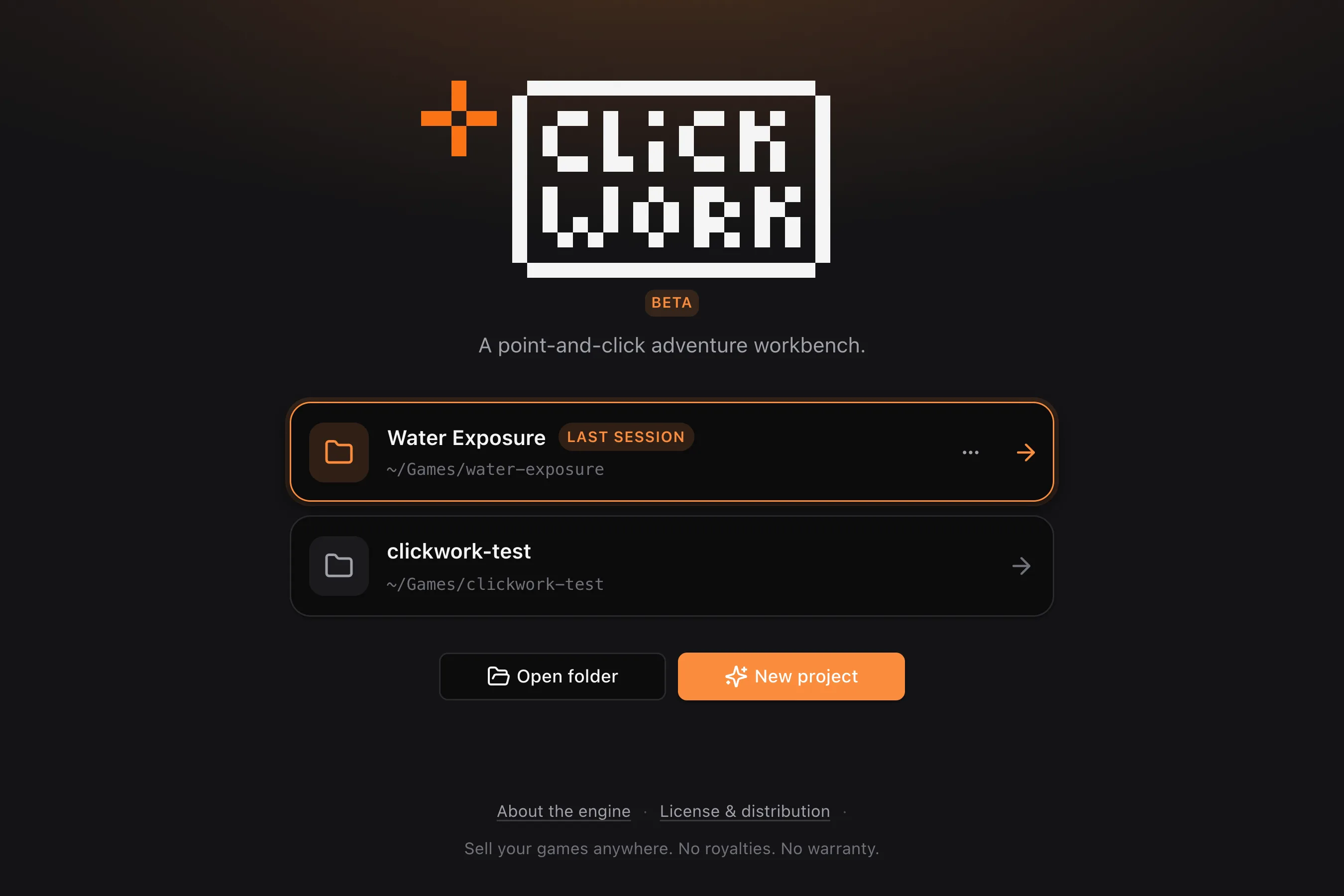 The Clickwork launcher listing linked project folders, with Open folder and New project buttons.