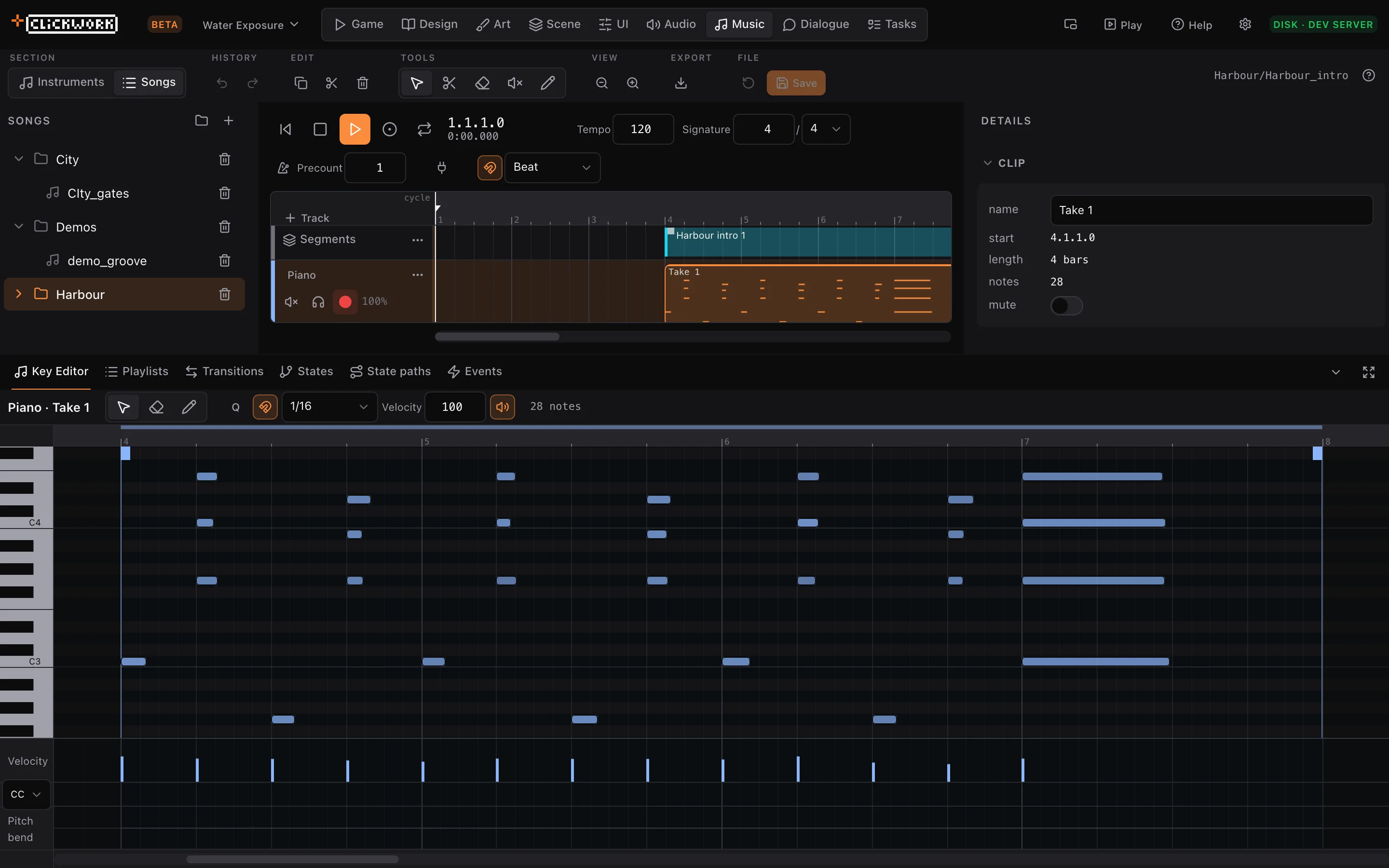 The Music workspace: a song's tracks and clips on the arrange view, with a clip's notes open in the piano roll below.