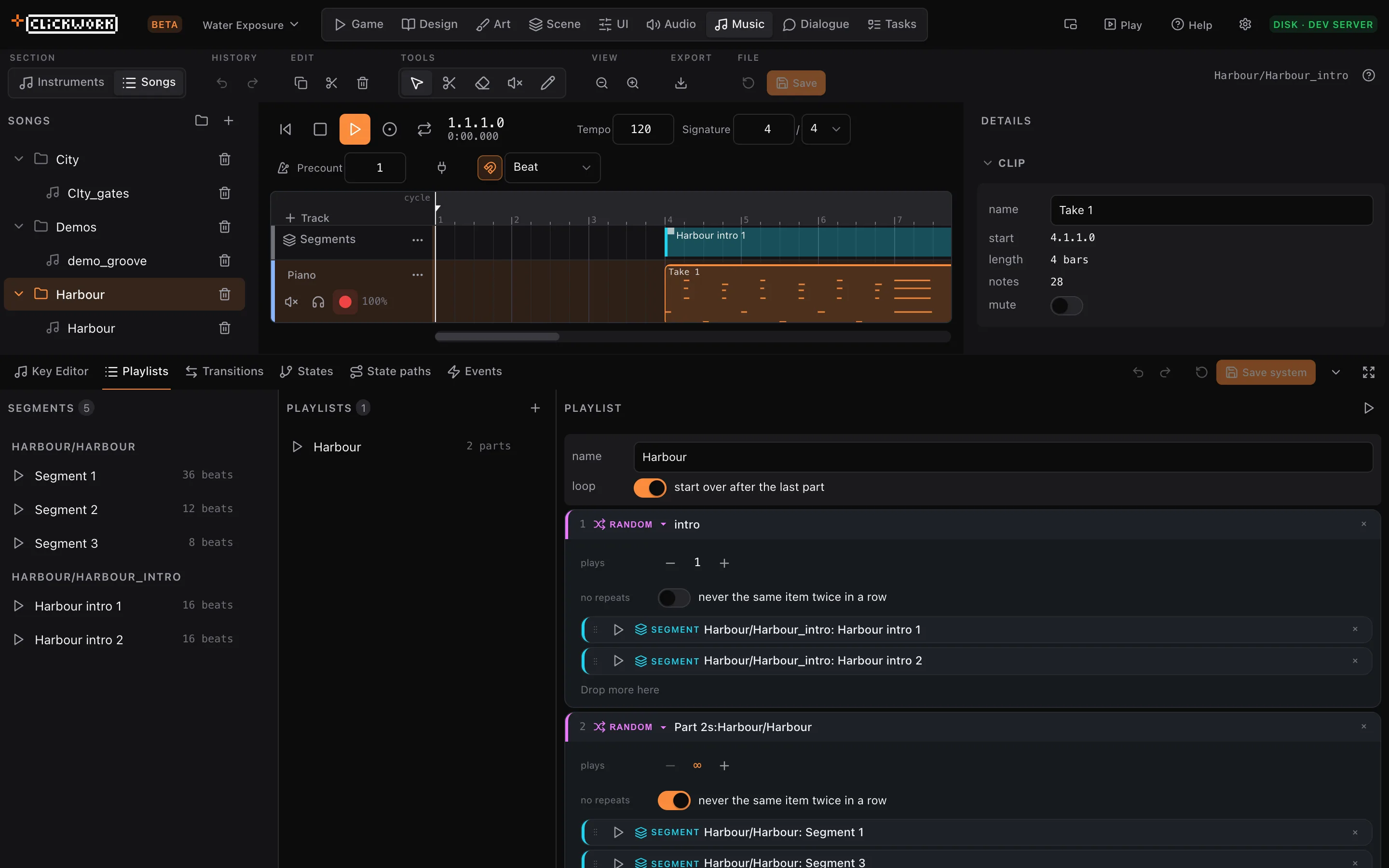 Playlists built from a song's segments, with parts that pick a segment at random.