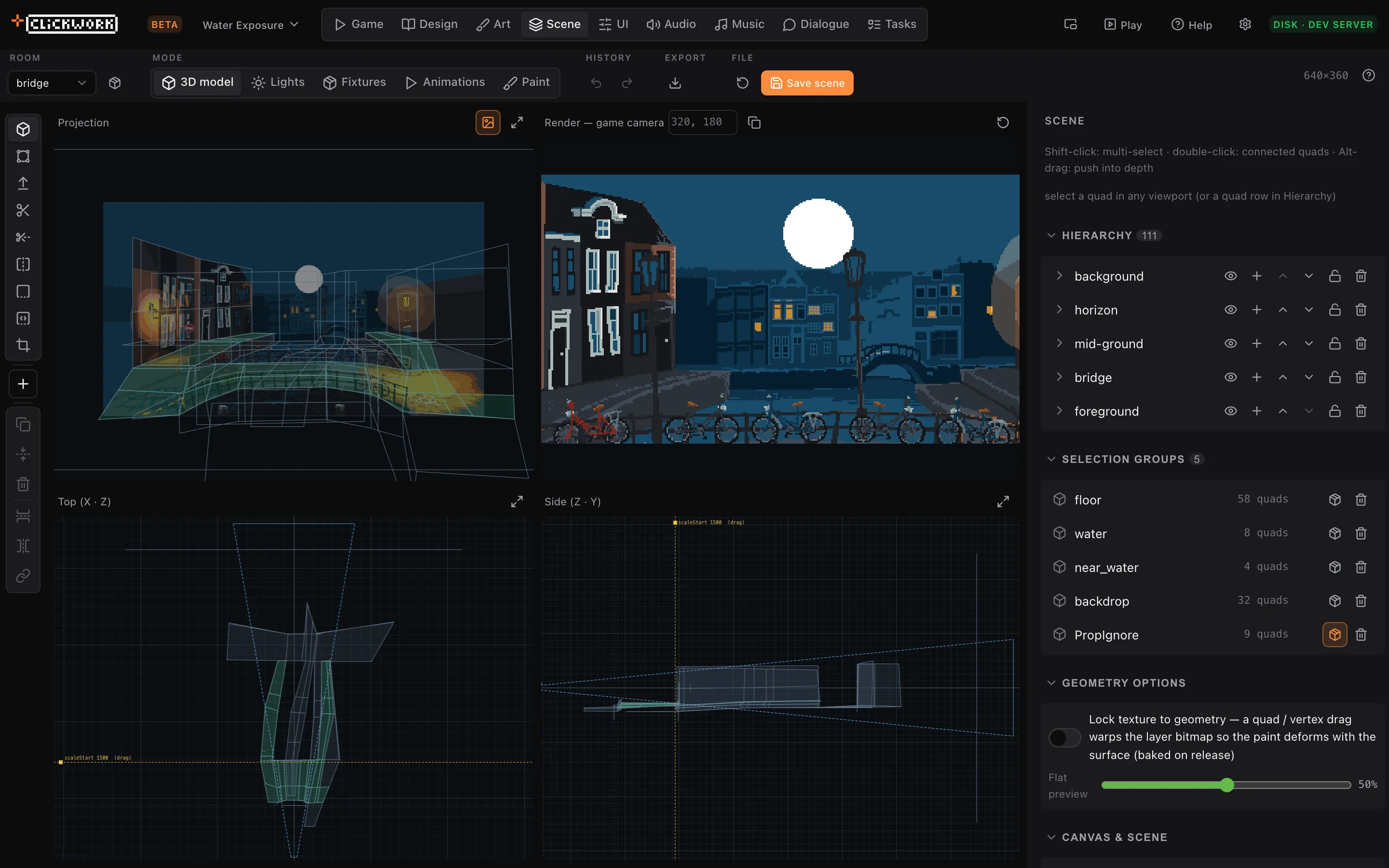 The Scene workspace: a projection view, the rendered pixel-art canal, and top and side views of the 3D room.