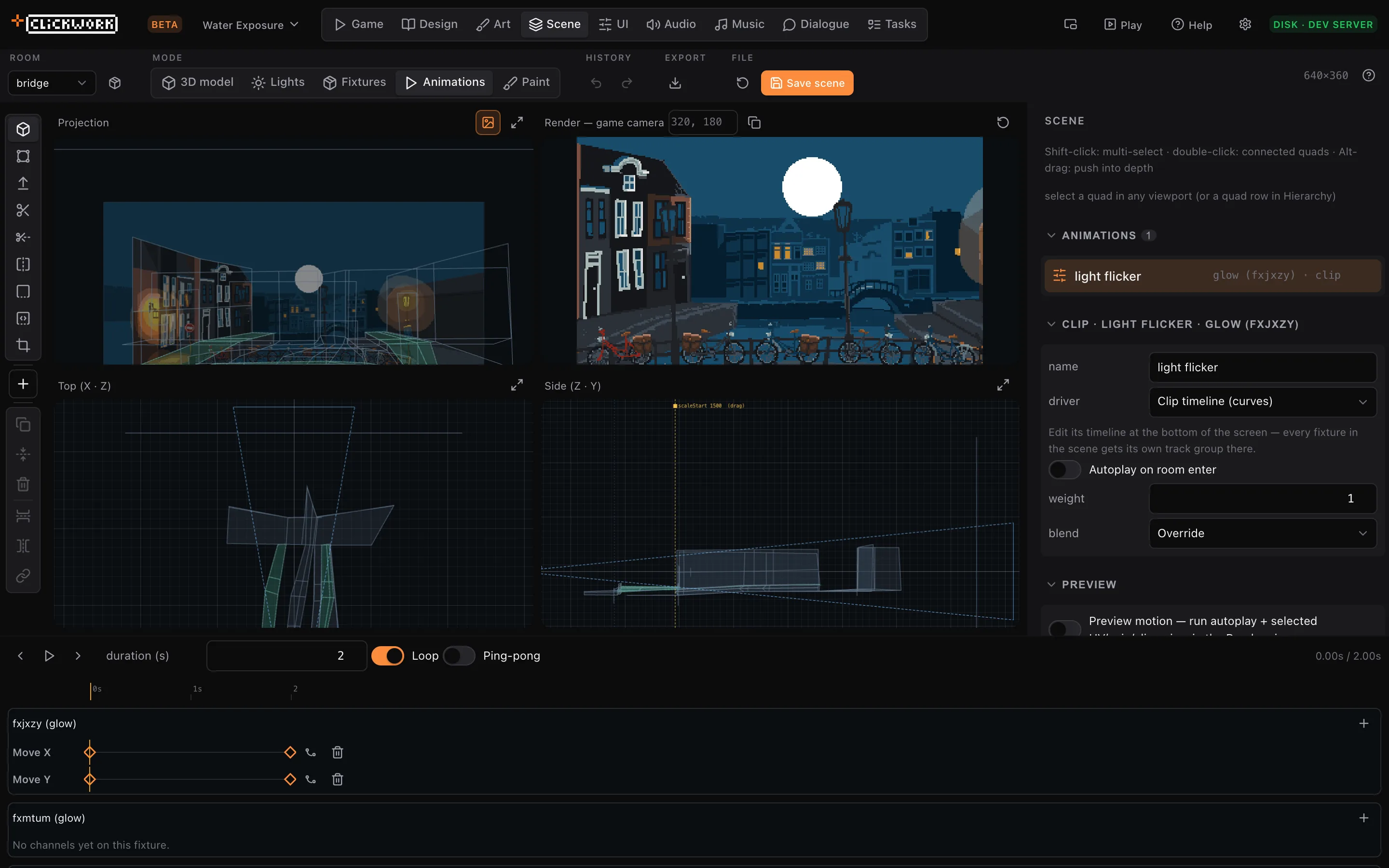 The animation timeline with keyframed channels for a flickering light.