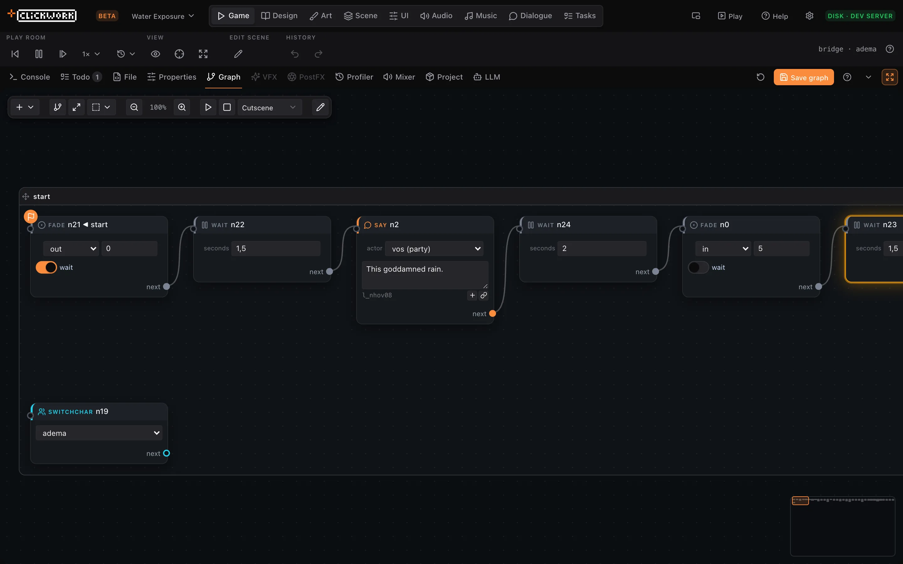 A cutscene graph: fade, say, face, camera and move nodes wired in sequence.