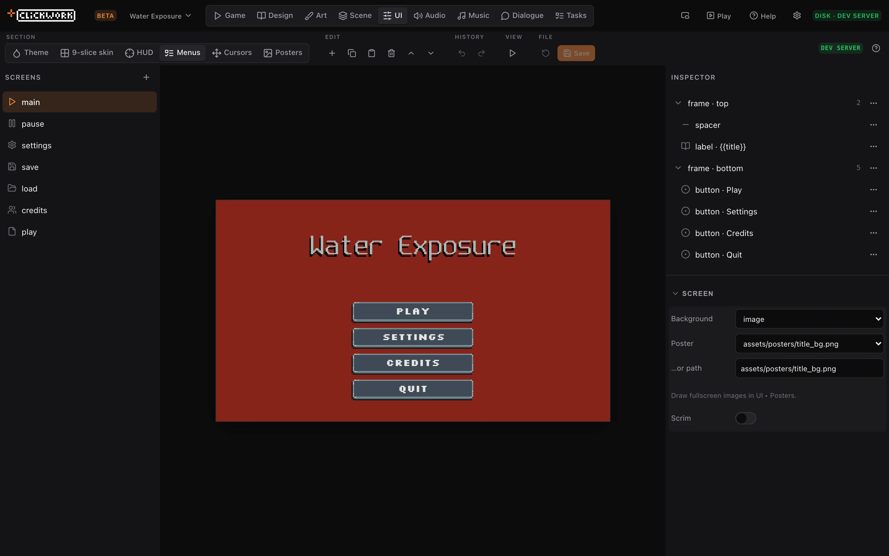 The UI workspace editing a title screen with pixel-art Play, Settings and Credits buttons.