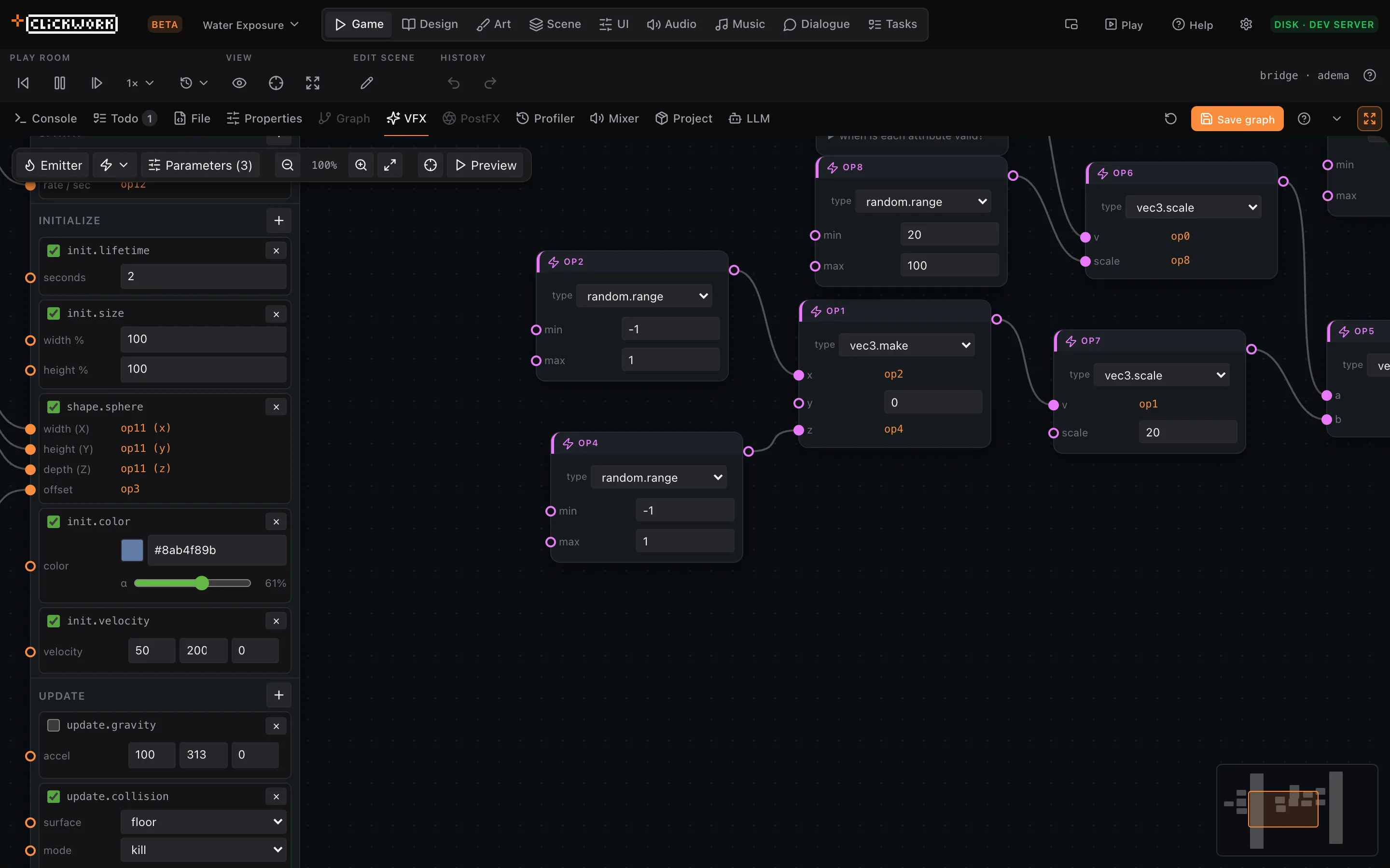 The VFX graph for a rain effect: two emitters and a web of operator nodes.